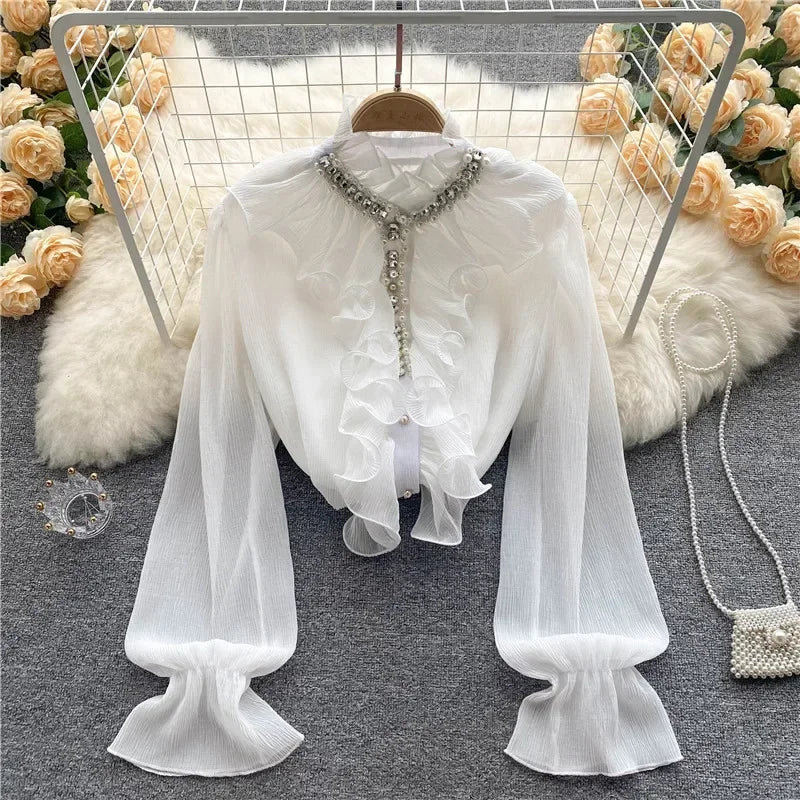 French Elegant Shirts Women Design Diamonds Loose Casual Tops Long Sleeve Ruffles Gentle Office Lady Blouses Spring