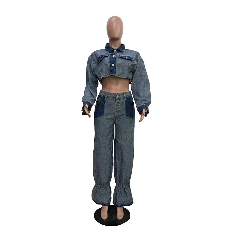 Denim Pant Set Women Two Piece Sets Turn Down Collar Mom Jeans Loose Casual Tops Wide Leg Long Pants High Waist Y2k Streetwear