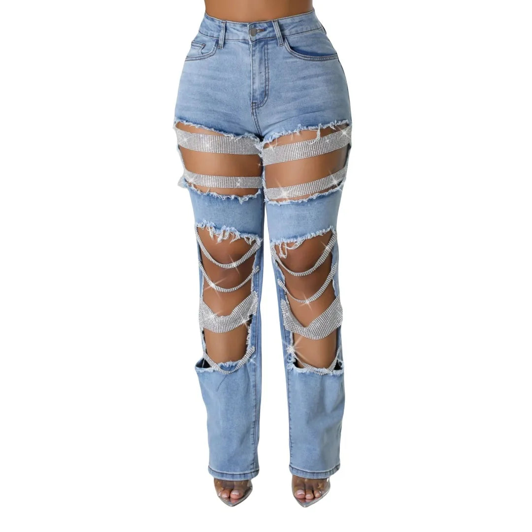 Women's Destroyed Ripped Hole Denim Pants Pearl Rhinestones Chain Distressed Slim Fit Skinny Jeans Y2K Night Club Party Jeans