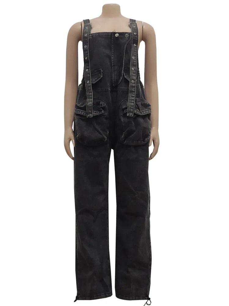 Wmstar Women's Jumpsuit Denim Cargo Pockets One Piece Outfits Wide Leg Black Fashion Streetwear Romper Wholesale Dropshipping