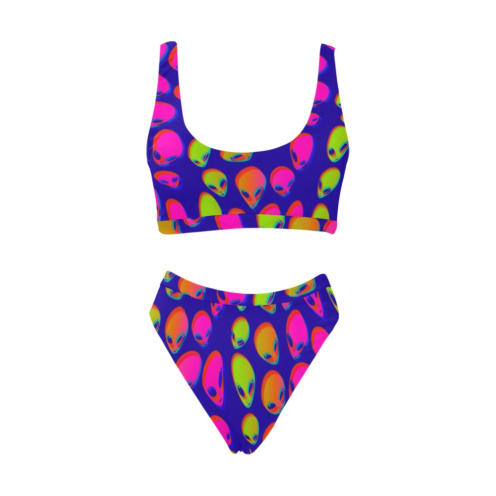 Neon Alien Blast Sport Top & High-Waisted Bikini Swimsuit / Rave Set | UV Blacklight Reactive