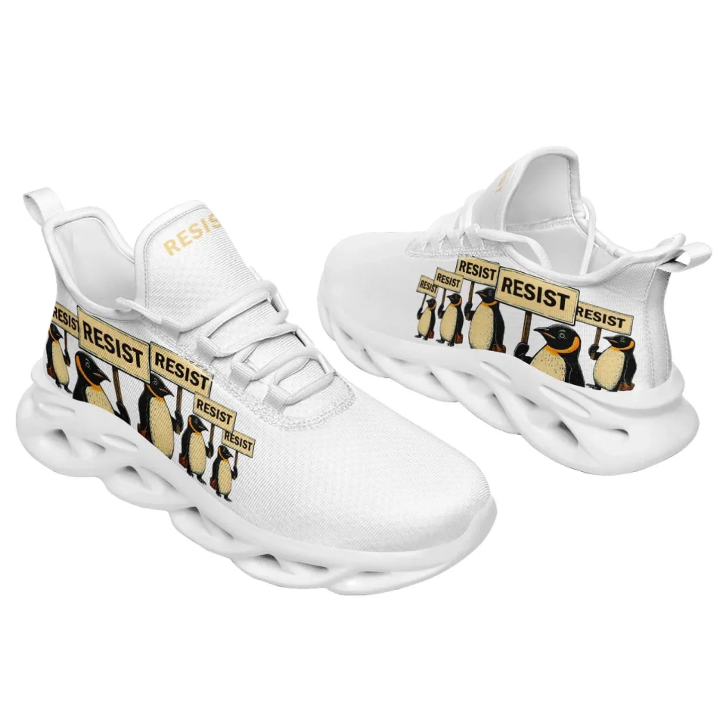 Personalized Gold Penguin Sneakers, Custom Lightweight Shoes, Resist Penguin Shoes