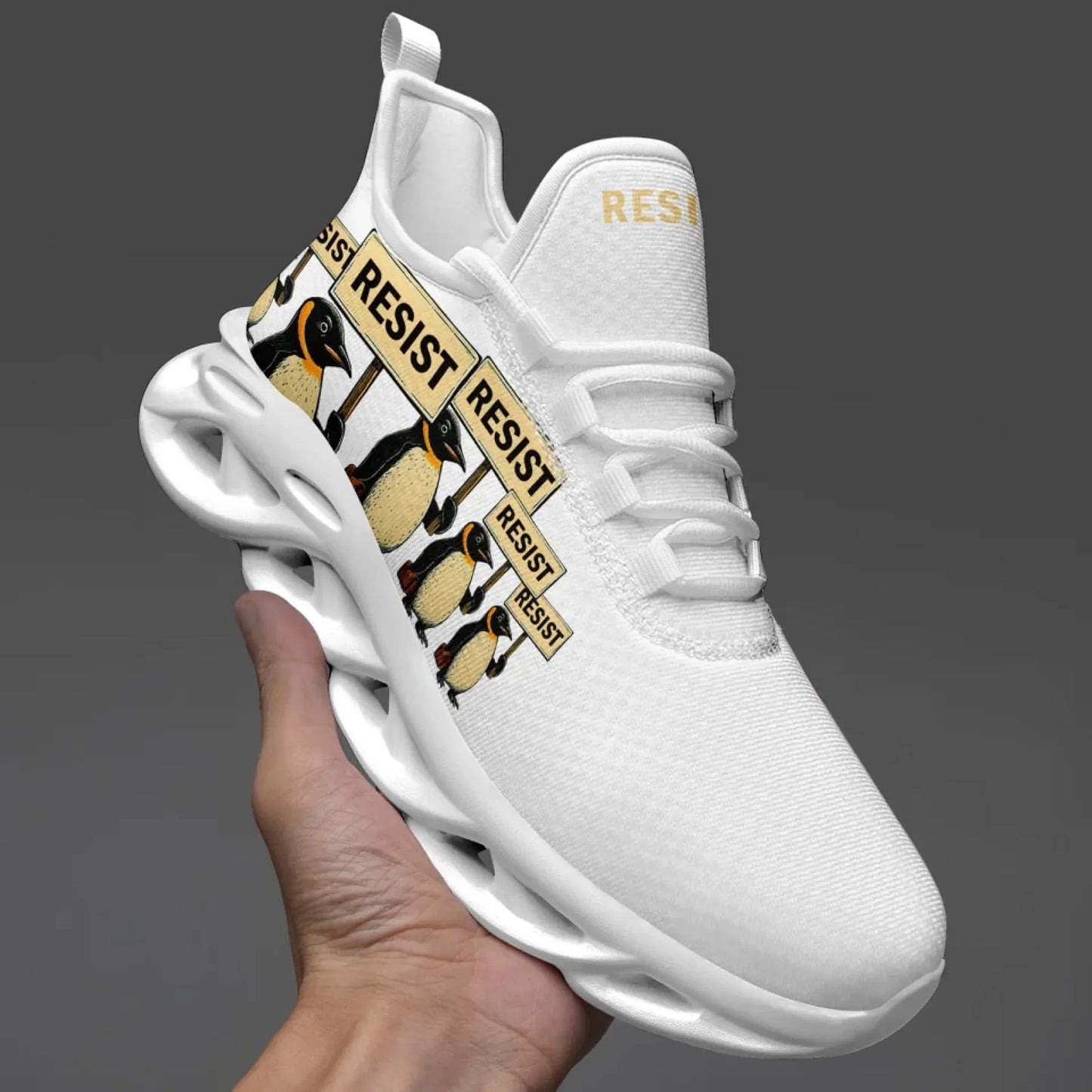 Personalized Gold Penguin Sneakers, Custom Lightweight Shoes, Resist Penguin Shoes