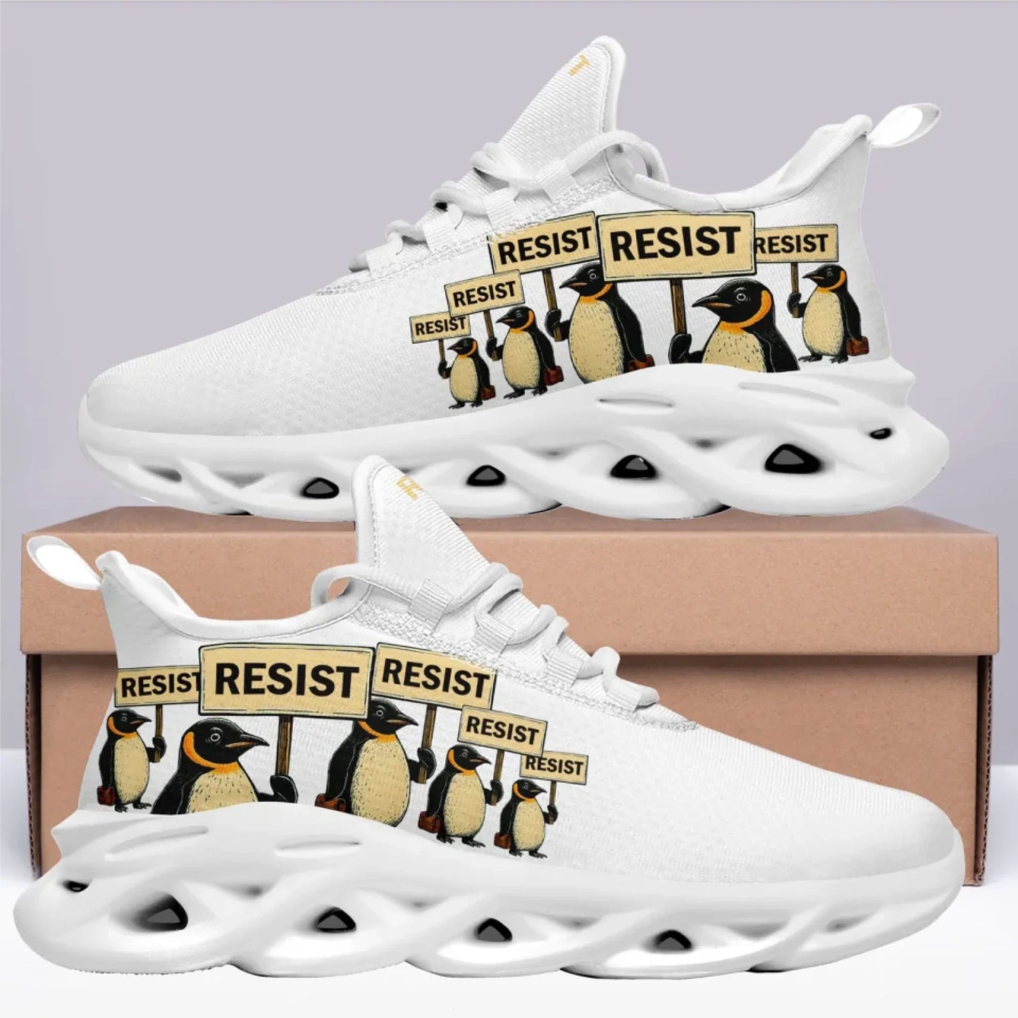 Personalized Gold Penguin Sneakers, Custom Lightweight Shoes, Resist Penguin Shoes