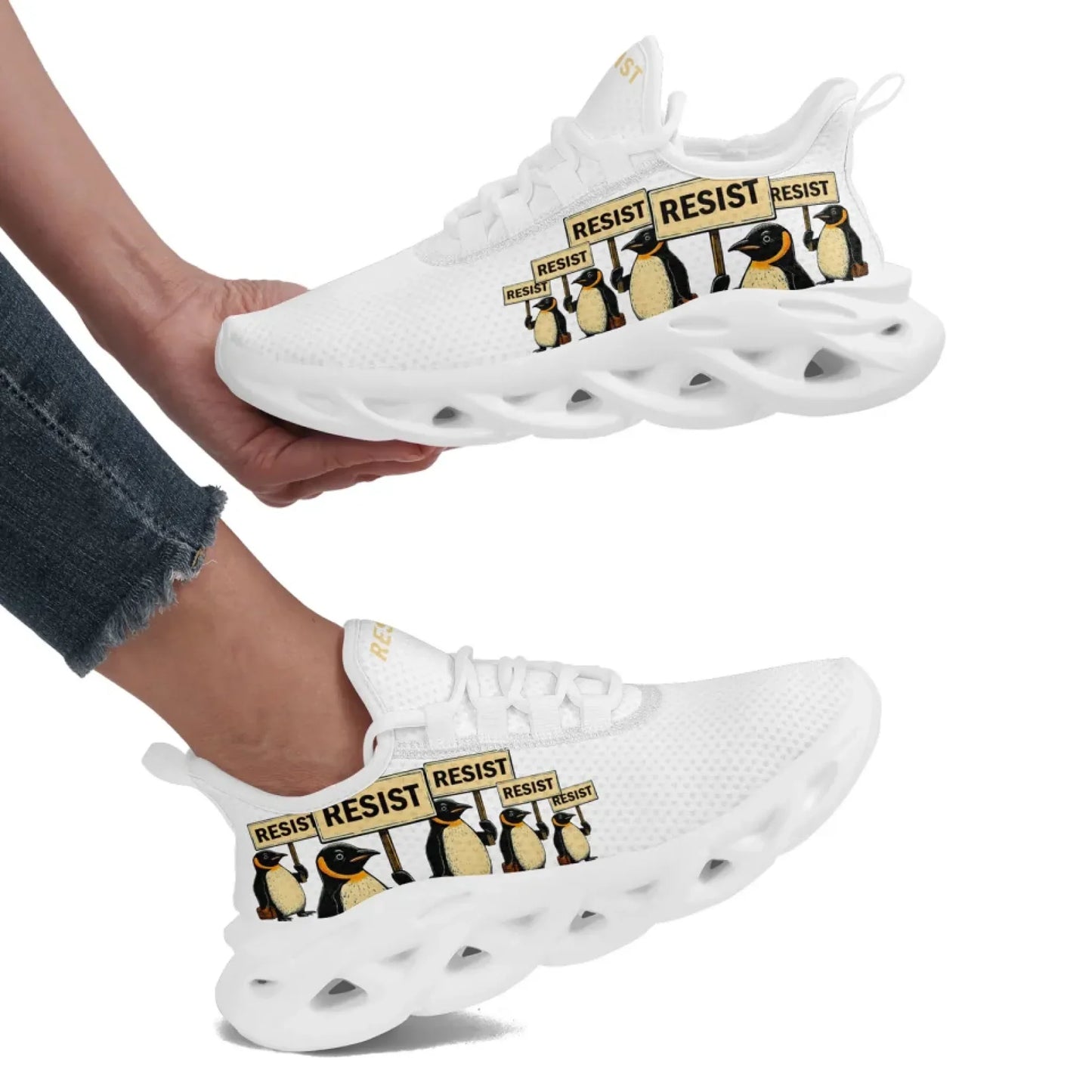 Personalized Gold Penguin Sneakers, Custom Lightweight Shoes, Resist Penguin Shoes