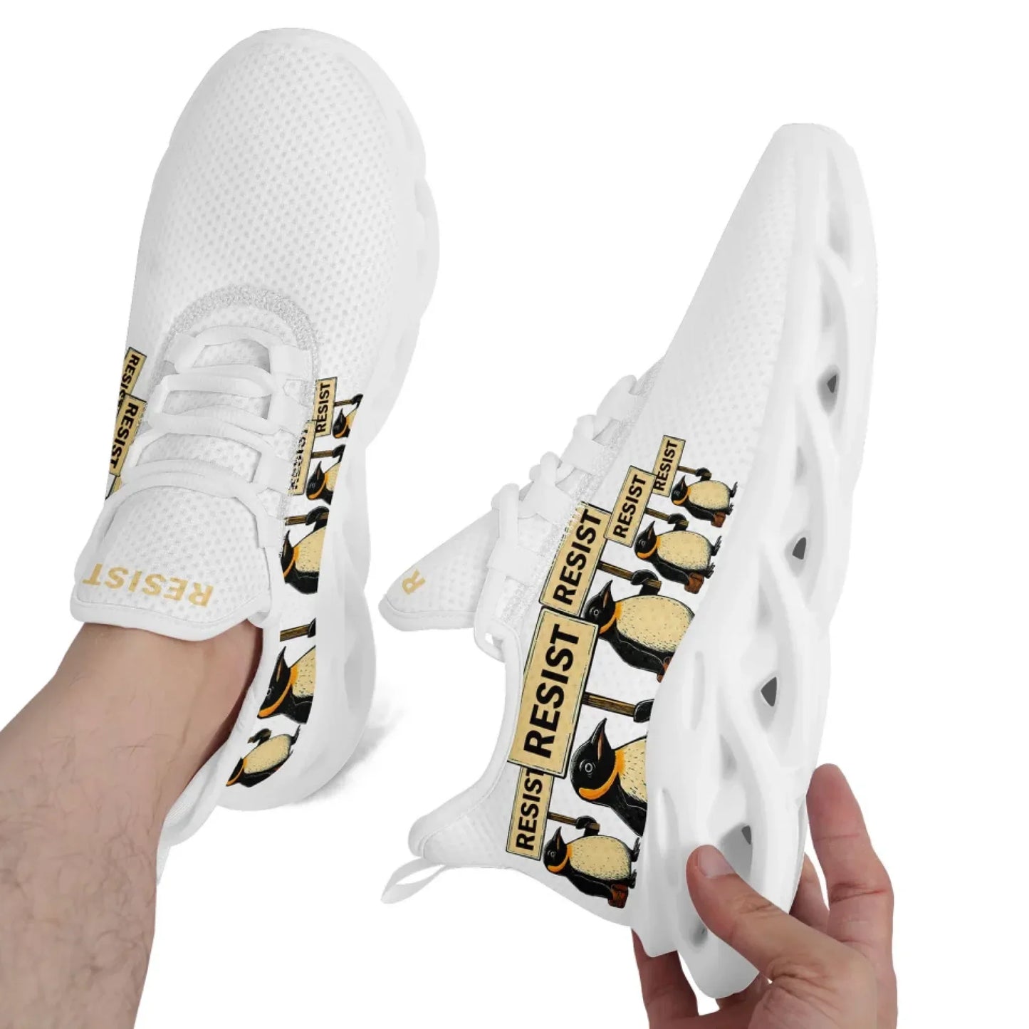 Personalized Gold Penguin Sneakers, Custom Lightweight Shoes, Resist Penguin Shoes