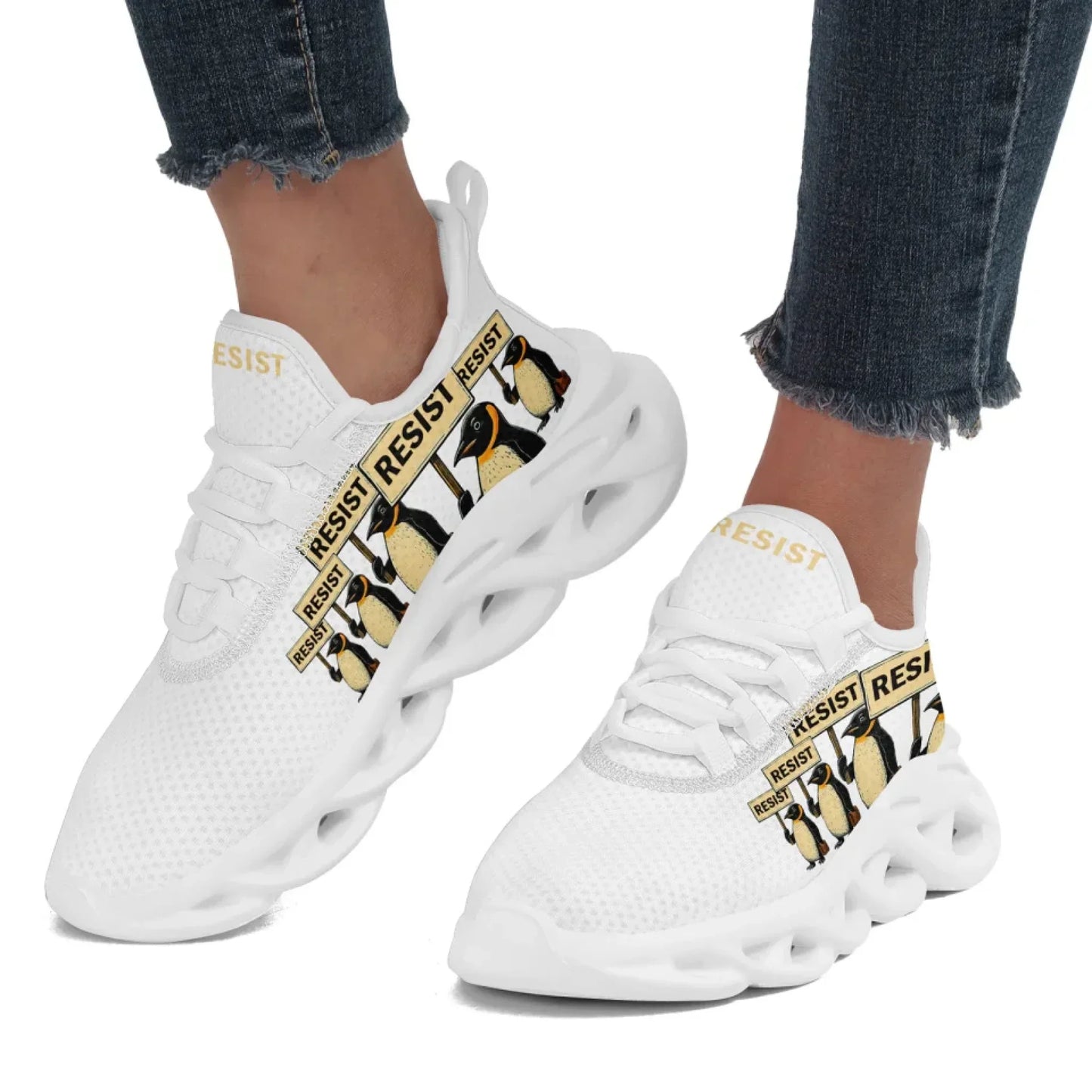 Personalized Gold Penguin Sneakers, Custom Lightweight Shoes, Resist Penguin Shoes