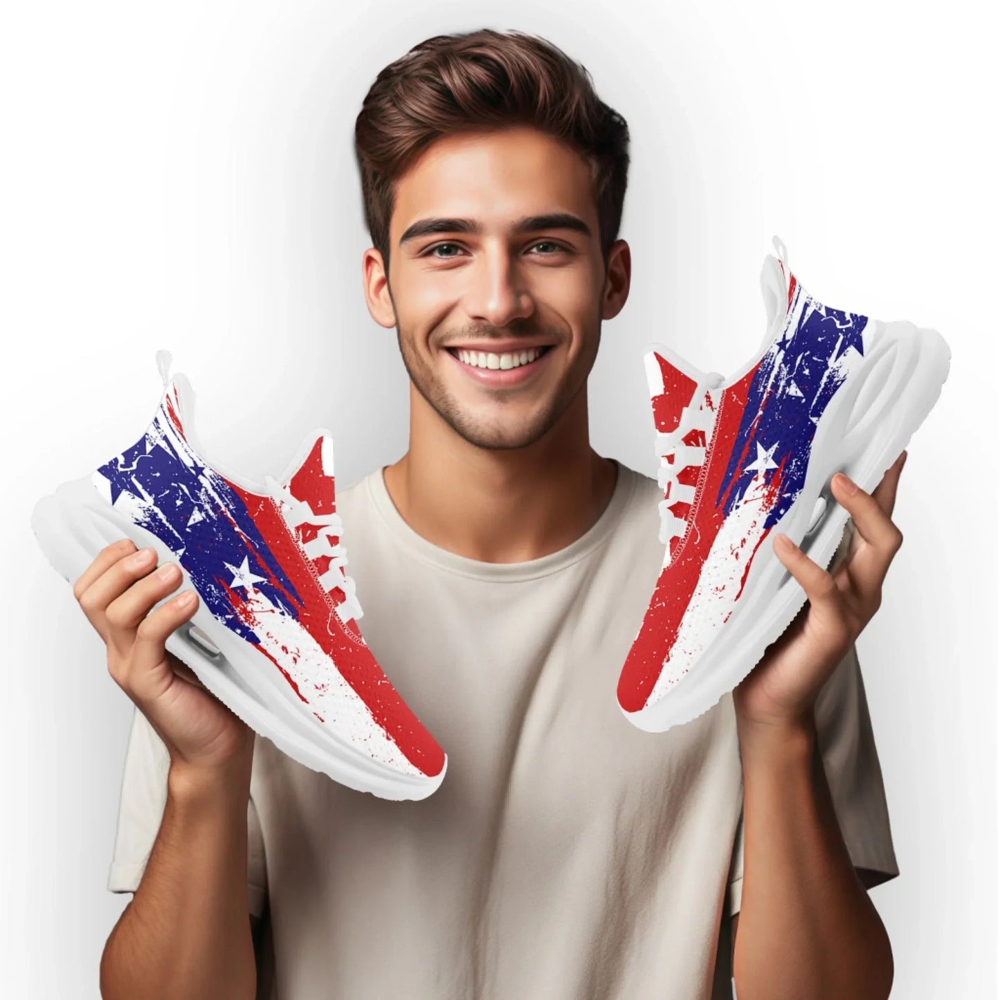 Personalized America Flag Print Sneakers, Custom Patriotic and Breathable Walking Shoes, Unisex Sports Shoes