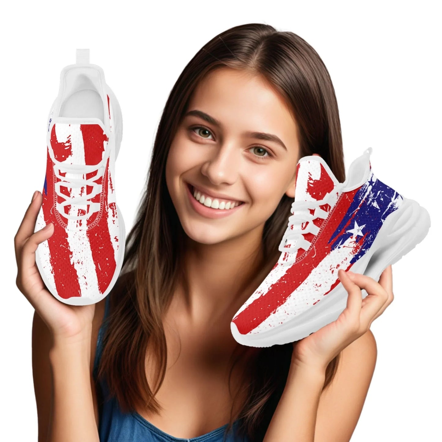 Personalized America Flag Print Sneakers, Custom Patriotic and Breathable Walking Shoes, Unisex Sports Shoes