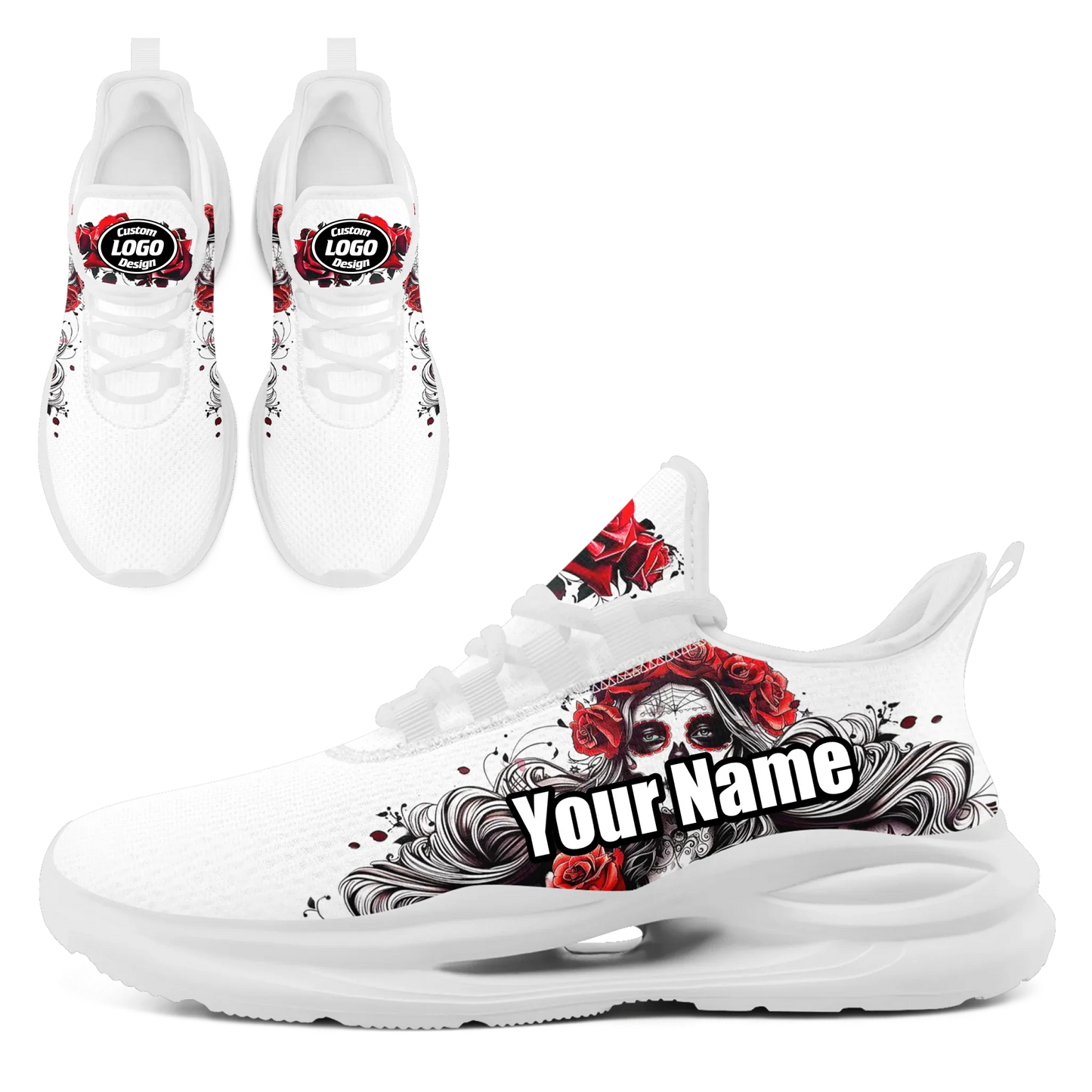 Personalized Flag with Skull Print Sneakers, Custom Breathable and Comfortable Lace Up Shoes