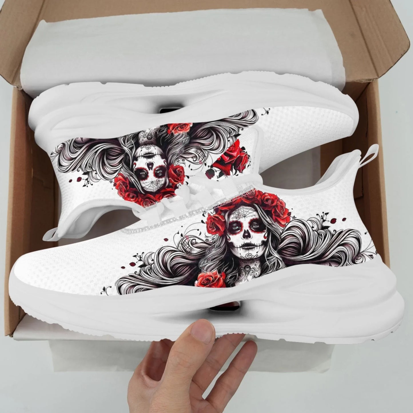 Personalized Flag with Skull Print Sneakers, Custom Breathable and Comfortable Lace Up Shoes