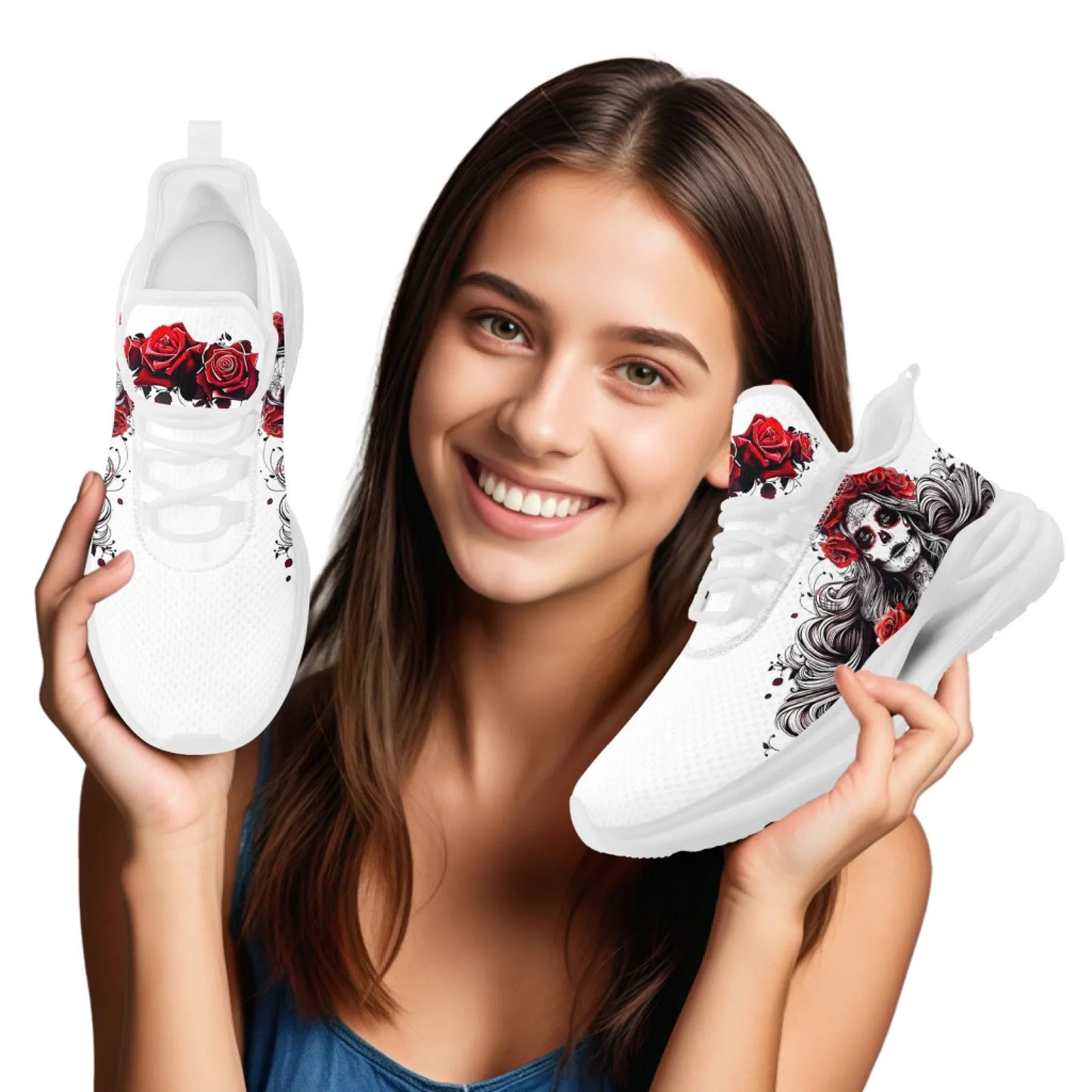 Personalized Flag with Skull Print Sneakers, Custom Breathable and Comfortable Lace Up Shoes