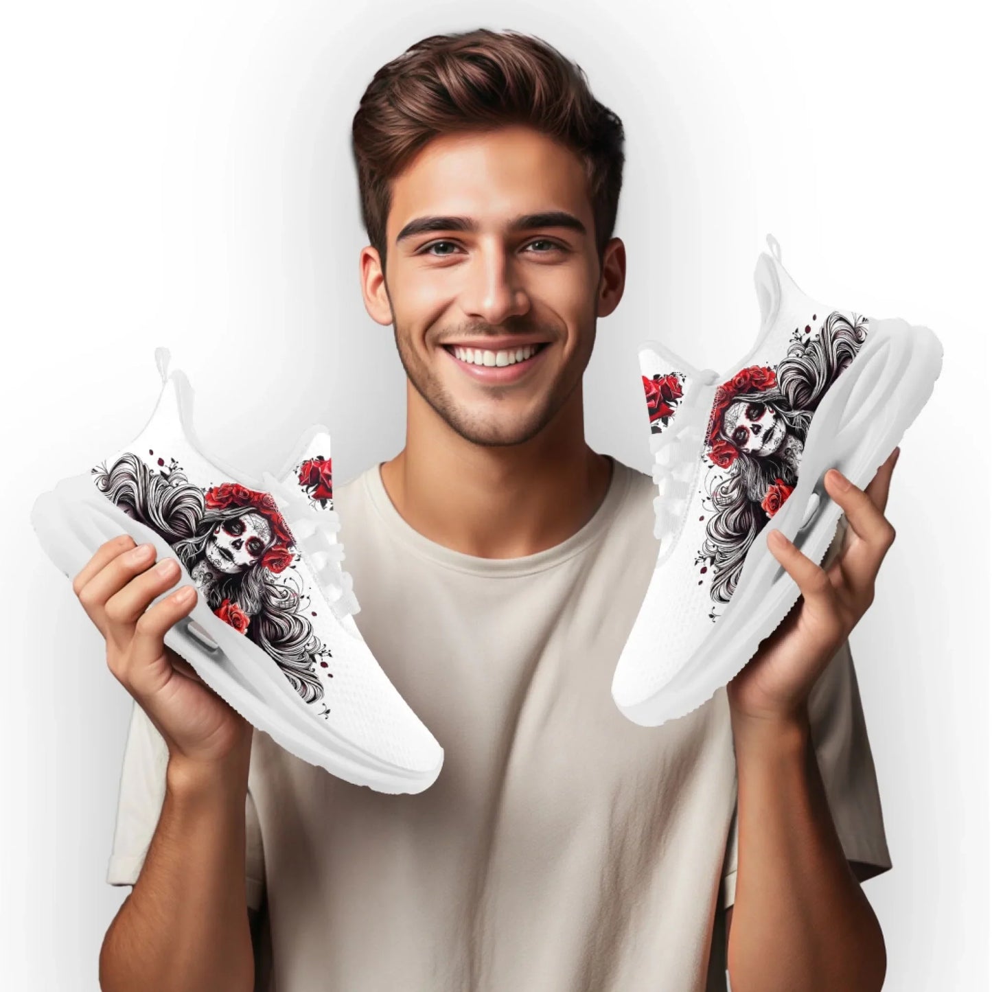 Personalized Flag with Skull Print Sneakers, Custom Breathable and Comfortable Lace Up Shoes