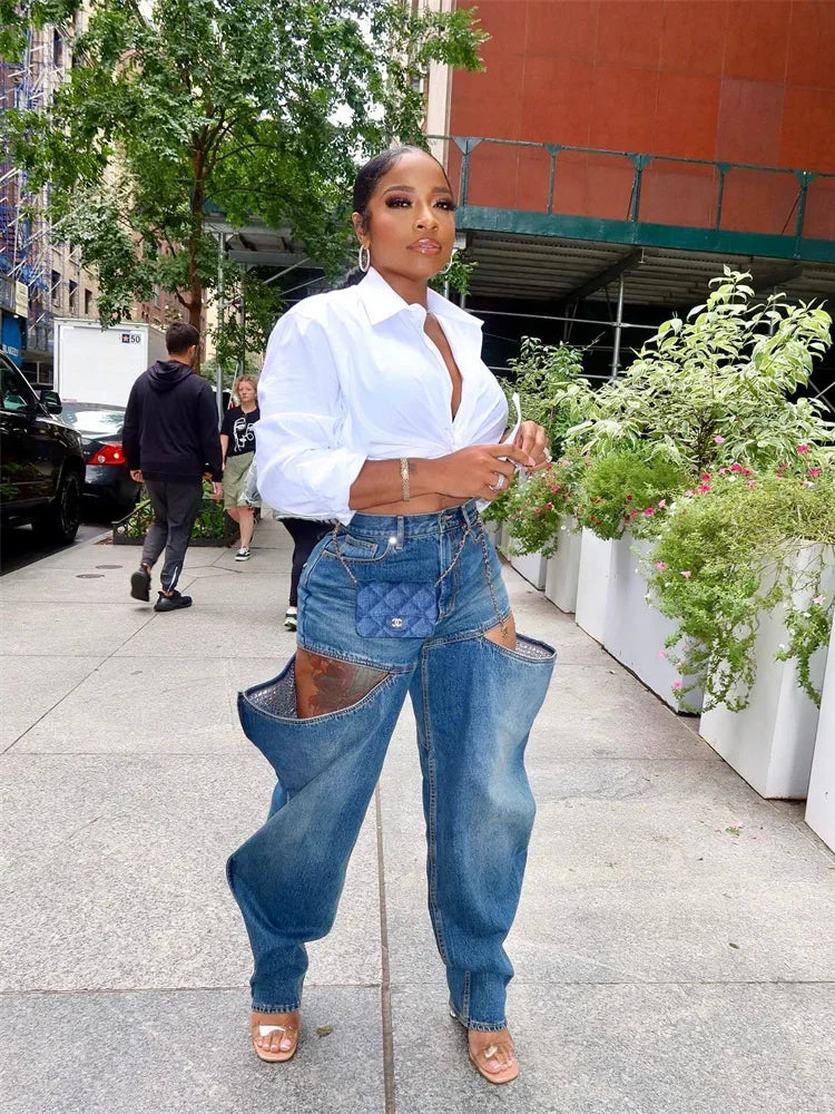 Hollow Elastic Women Demin Jeans High Waist Pockets Causal Vintage Bottoms Female Fashion Y2K Streetwear Clothing