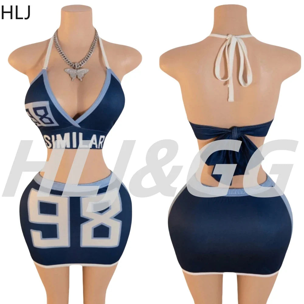 HLJ Blue Sexy Y2K Letter Printing Mini Skirts Two Piece Sets Women Halter V Neck Bangage Slim Crop Top And Skirts Outfits 2025