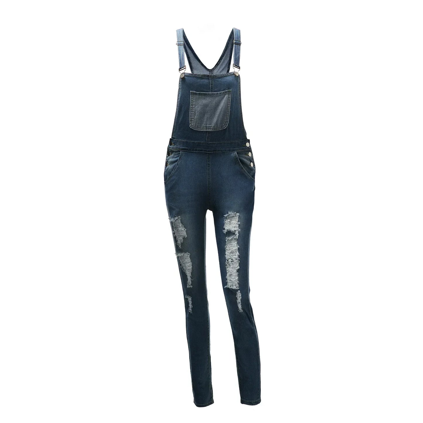 Women Demin Overalls Jumpsuits Jeans Distressed Pencil Pants Denim Holes Pockets Jenas High Street Mid Waist One Piece Slim Fit