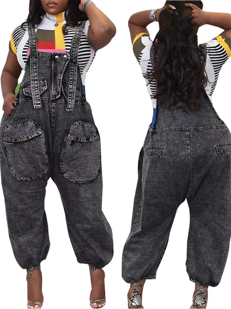 Wmstar Women's Jumpsuit Denim Cargo Pockets One Piece Outfits Wide Leg Black Fashion Streetwear Romper Wholesale Dropshipping