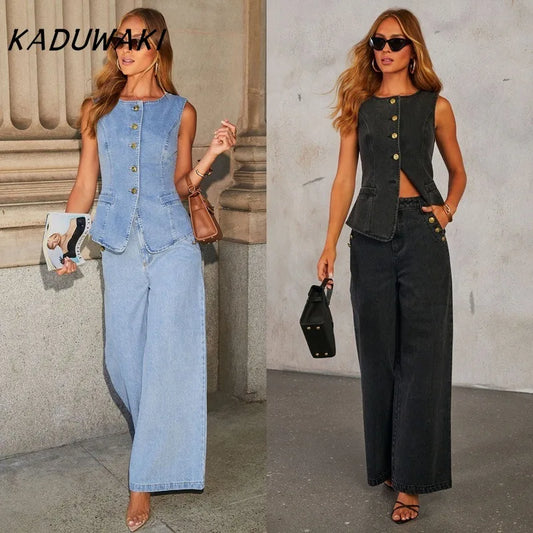 KADUWAKI Slim Denim Waistcoat Jeans 2pc Women Elegant Single Breasted O Neck Vest Wide Leg Pants Spring Lady High Street Outfits