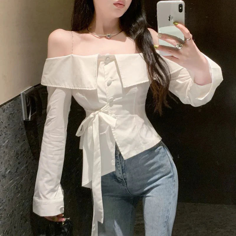 Elegant Slash Neck Shirts Women Streetwear Ruffles Bandage White Blouses Korean Fashion Chain Long Sleeve Design Slim Tops New