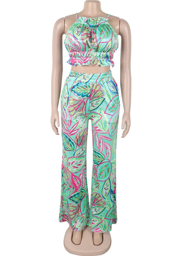 Beyprern Women Tropical Leaf Printed Lace-Back Crop Top And Wide Legs Pant Set Summer Ruched Floral Tracksuits Set Beach Outfits