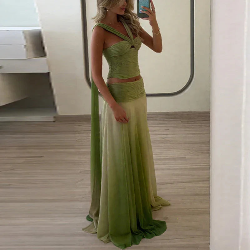 Sexy Strapless Top with Long Skirt Women's Suits Fashion Backless Pleated Club Outfit Gradient Green Hollow Slim Two Piece Sets
