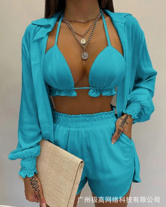 Lantern sleeve shirt and pocket design shorts set, solid color with ruffled edges and exposed navel top, new for 2025