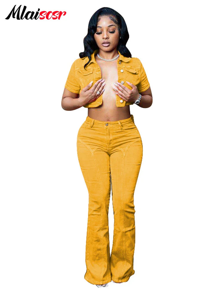 Mlaiscsr Green Denim Baddies Outfits for Women Two 2 Pieces Set Flare Jeans and Crop Top Stretch Suits Birthday Party Clubwear