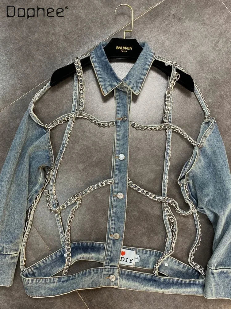 Denim Jacket 2023 Spring Summer Lapels Long Sleeve Chain Hollow Cool Handsome Street Denim Long Sleeve Jeans Jacket for Women
