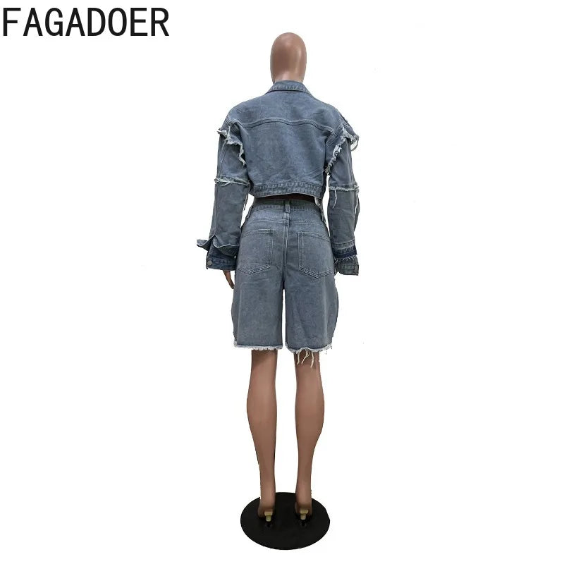 FAGADOER Summer New Fashion Denim 2 Piece Sets Woman Outfit Long Sleeves Patchwork Crop Jacket + Short Female Streetwear New