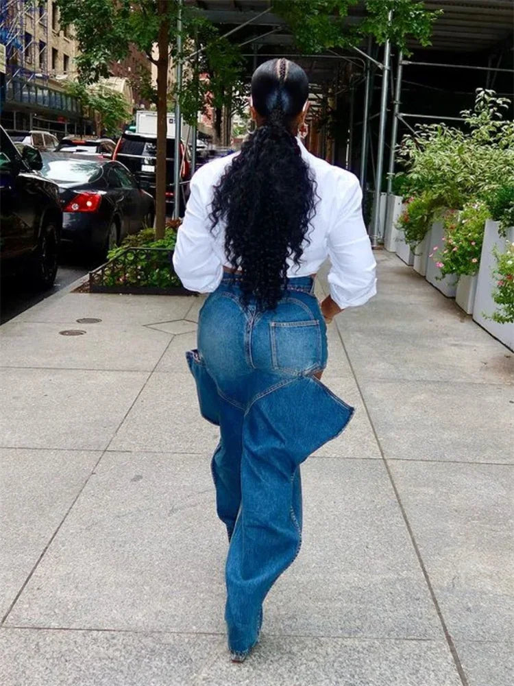 Hollow Elastic Women Demin Jeans High Waist Pockets Causal Vintage Bottoms Female Fashion Y2K Streetwear Clothing