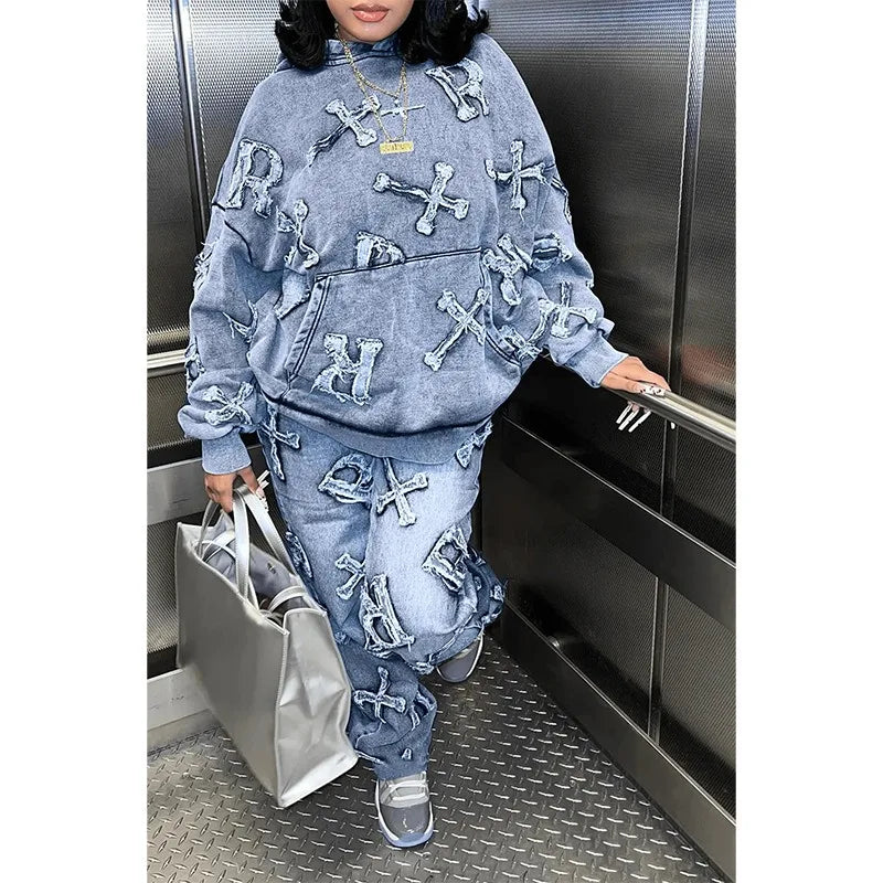 Fitness Women 2 Piece Set Fake Denim Printed Baggy Hoodies Jogging Pants Matching Set 2023 Fall Winter Outfits Sporty Tracksuits