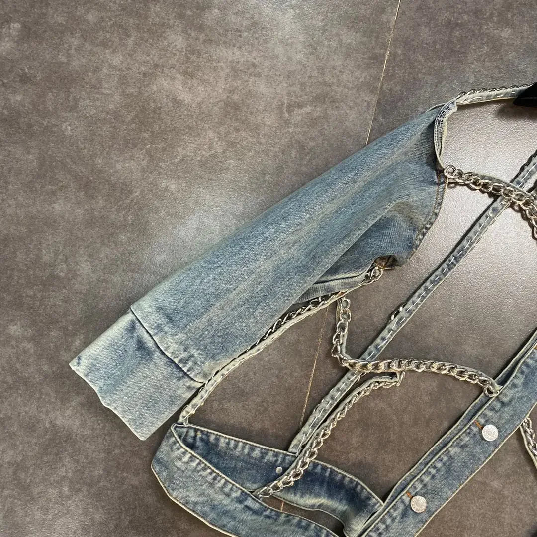 Denim Jacket 2023 Spring Summer Lapels Long Sleeve Chain Hollow Cool Handsome Street Denim Long Sleeve Jeans Jacket for Women