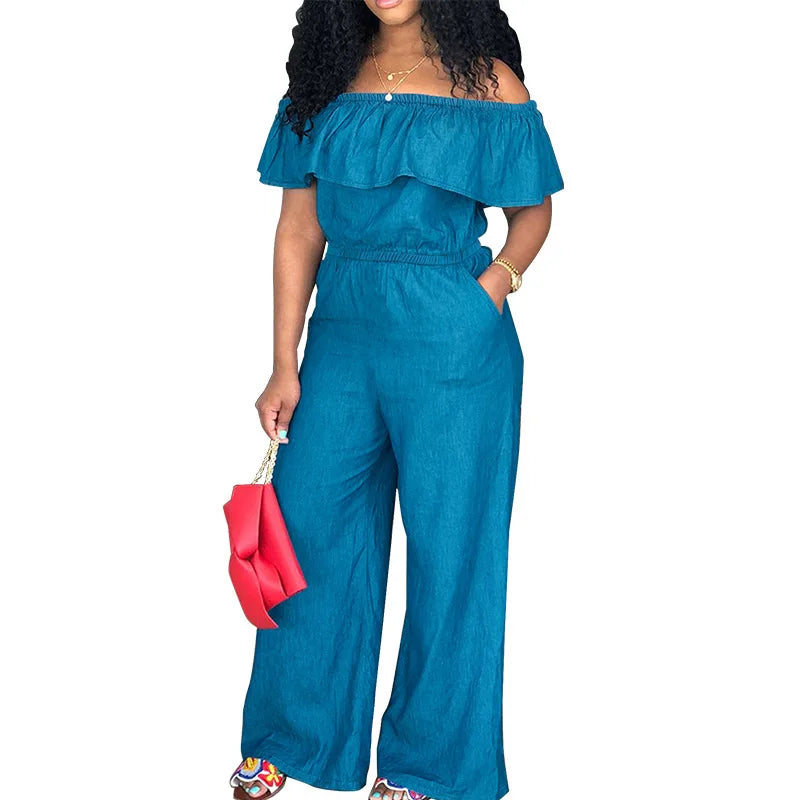 218298 Plus Size Women's Clothing 2025 Autumn New Item No Wash Denim Shawl Jumpsuit Factory