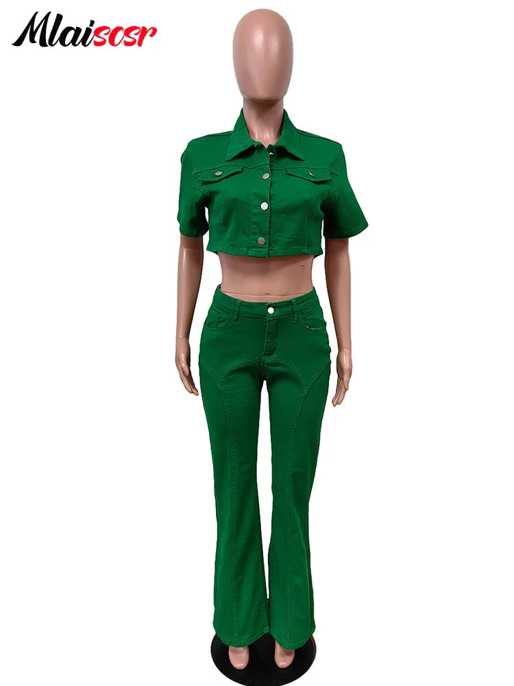 Mlaiscsr Green Denim Baddies Outfits for Women Two 2 Pieces Set Flare Jeans and Crop Top Stretch Suits Birthday Party Clubwear