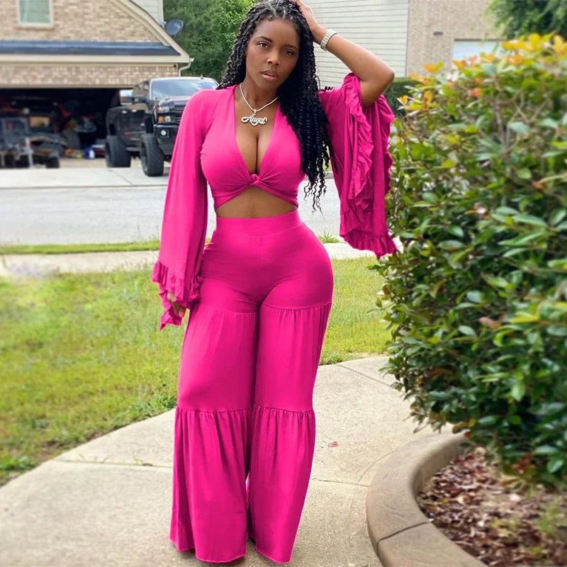 Casual Spring And Autumn For Women's Solid Color Long Sleeved Chest Wrap Top and Wide Leg Trousers Female Office 2 Piece Set