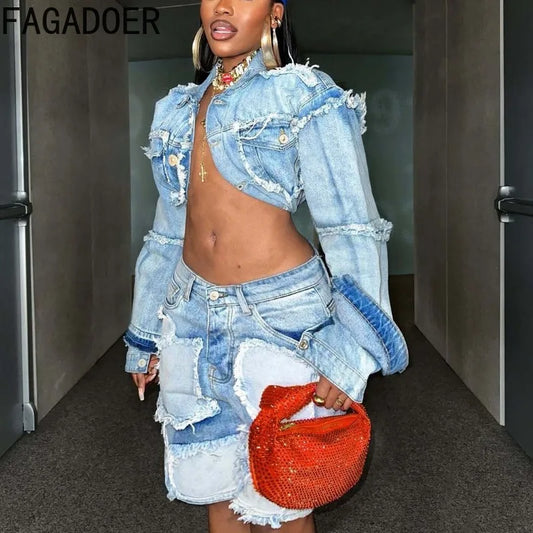 FAGADOER Summer New Fashion Denim 2 Piece Sets Woman Outfit Long Sleeves Patchwork Crop Jacket + Short Female Streetwear New