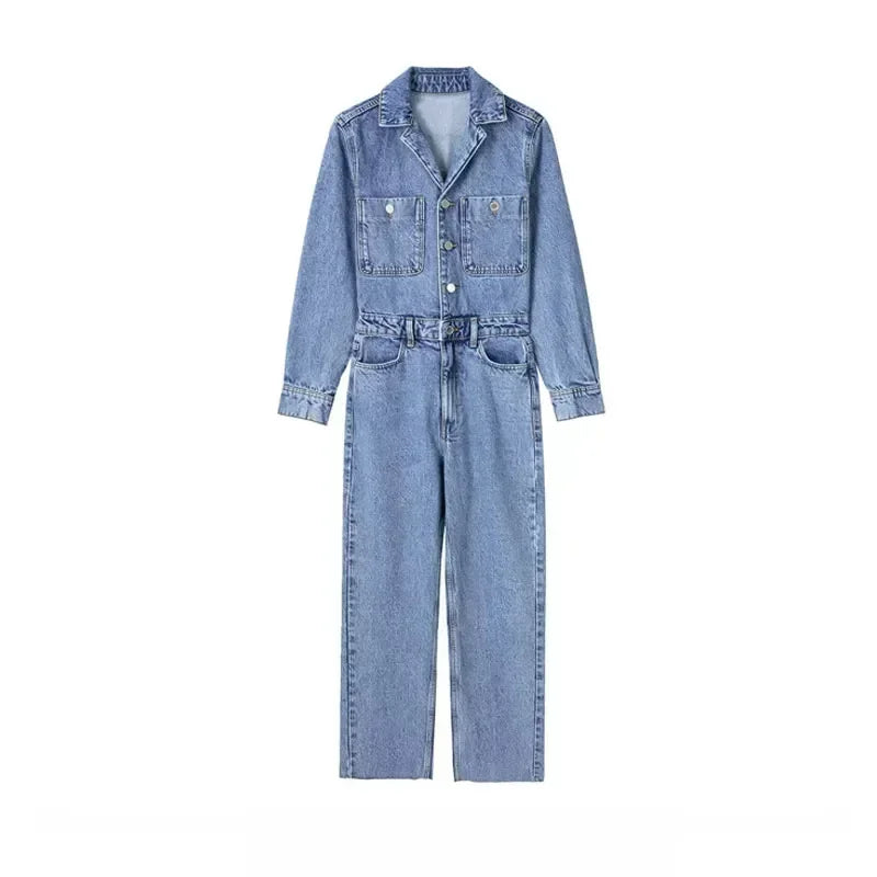 Autumn Denim Jumpsuit for Women Overalls Woman Jean Overalls Long Sleeve Elegant Jumpsuits Y2k Streetwear 2024 Turn Down Collar