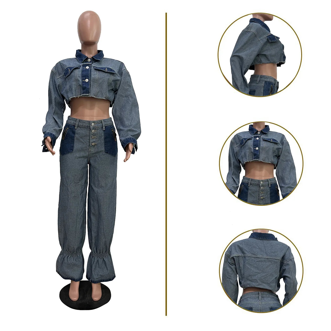 Denim Pant Set Women Two Piece Sets Turn Down Collar Mom Jeans Loose Casual Tops Wide Leg Long Pants High Waist Y2k Streetwear