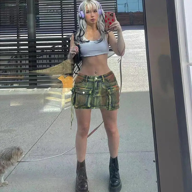 Make-old Three-dimensional Multi-pocket High Waist Denim Skirt. New Asymmetrical Casual A-line Mini Skirt for Women in Summer