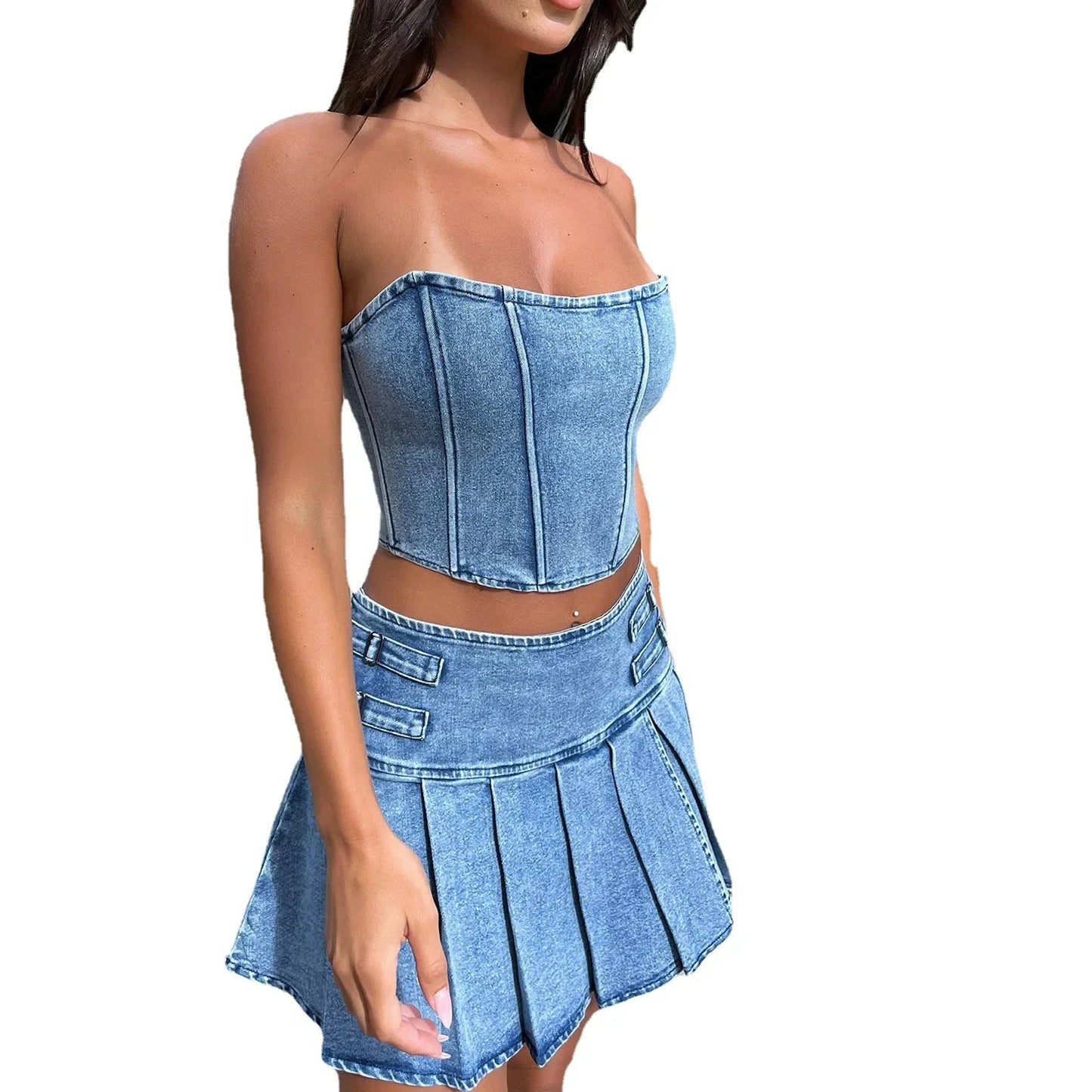 Denim Dress Sets Strapless Pullover Tops Solid Pleated Mini Skirts Spliced High Waist Skirt Matching Sets Streetwear Autumn