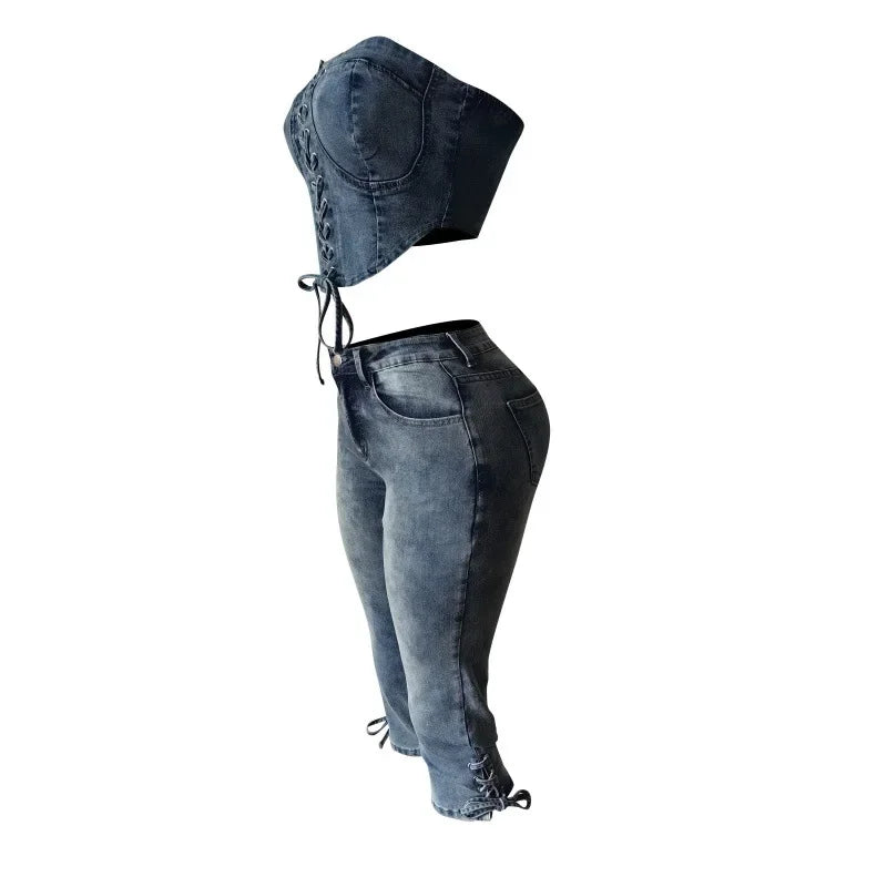 Fashion Sexy Lace-up Crop Jean Tube Top Women's Club Party Elastic Skinny Cropped Jeans Streetwear Two Piece Sets