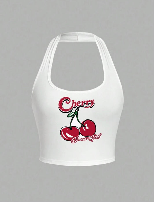 Cherry Pattern Casual Halter Neck Slim Fit Women's Tank Top Suitable For Summer Cherry Sweet Girl