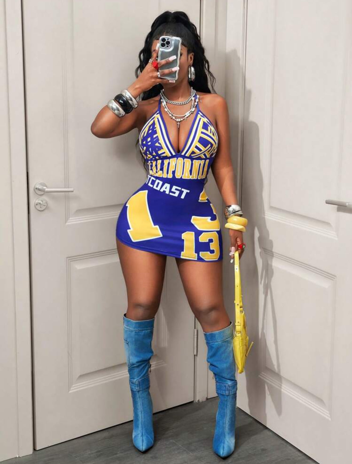 Blue & Yellow  Slim Fit Halter  Dress