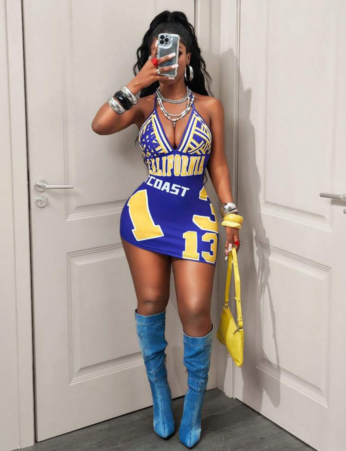 Blue & Yellow  Slim Fit Halter  Dress