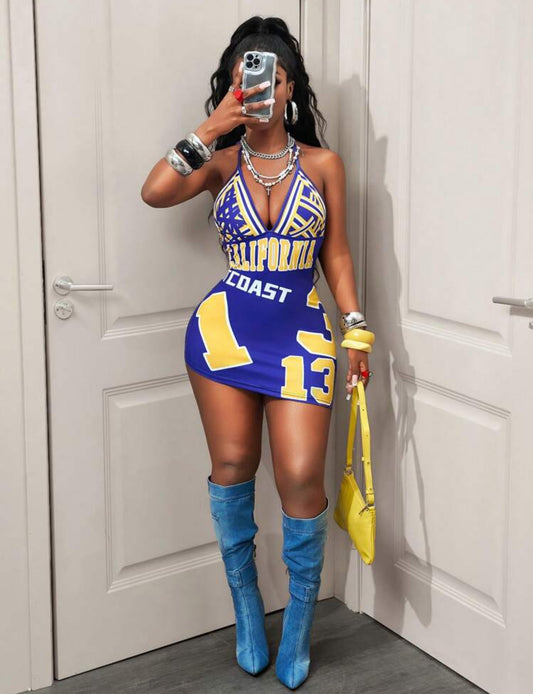 Blue & Yellow  Slim Fit Halter  Dress