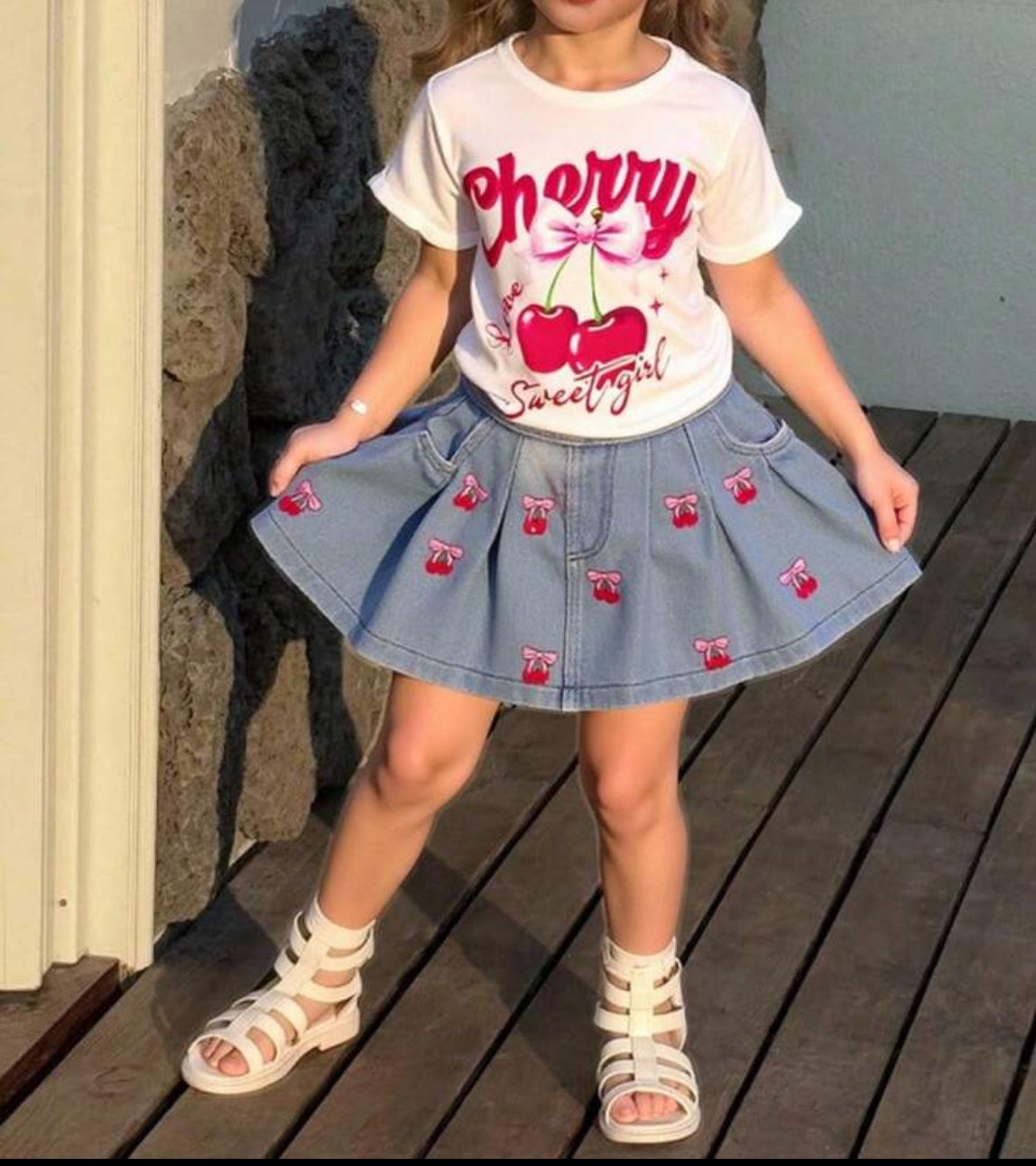 Cherry Print Round Neck T with skirt