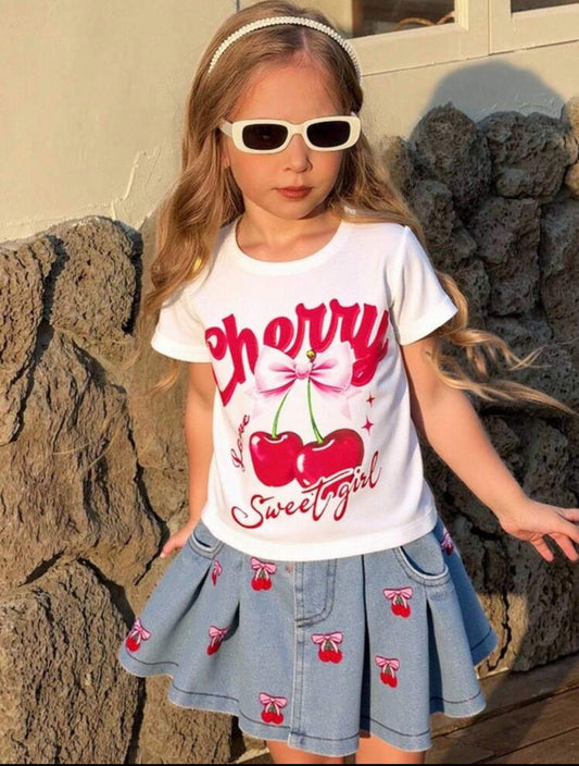 Cherry Print Round Neck T with skirt