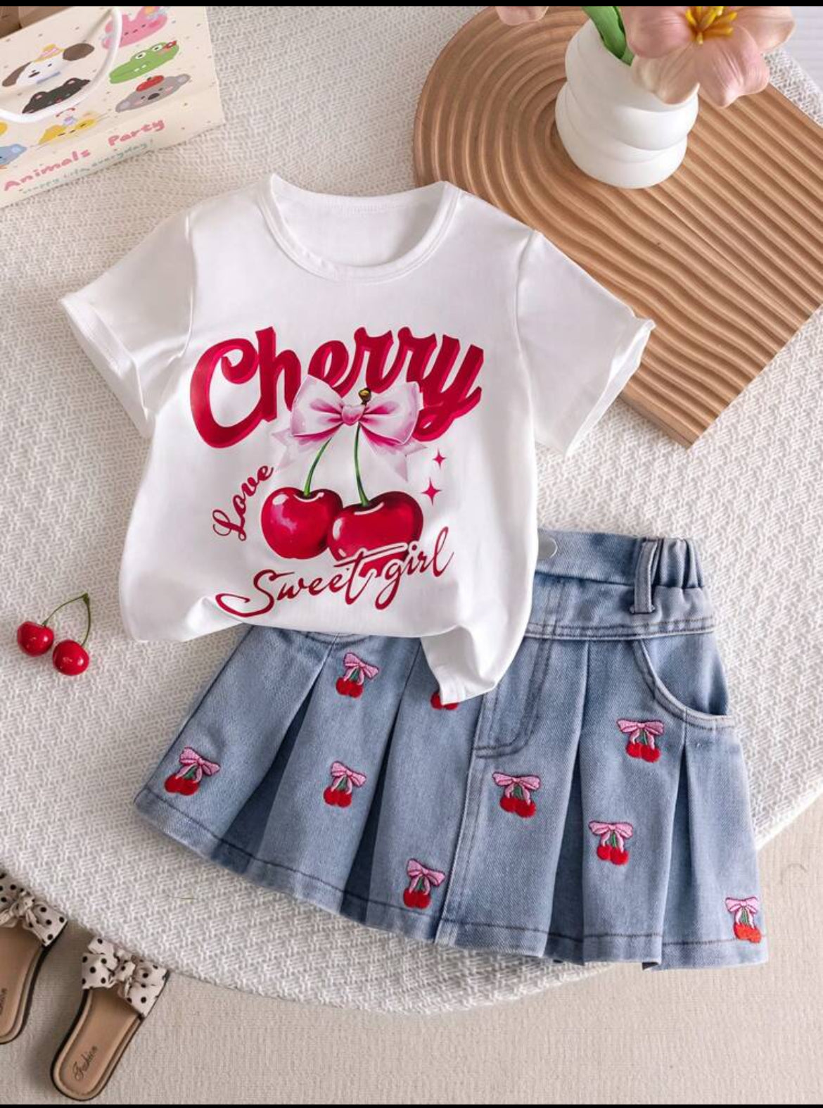 Cherry Print Round Neck T with skirt