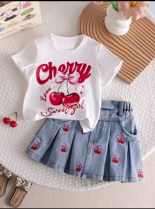 Cherry Print Round Neck T with skirt