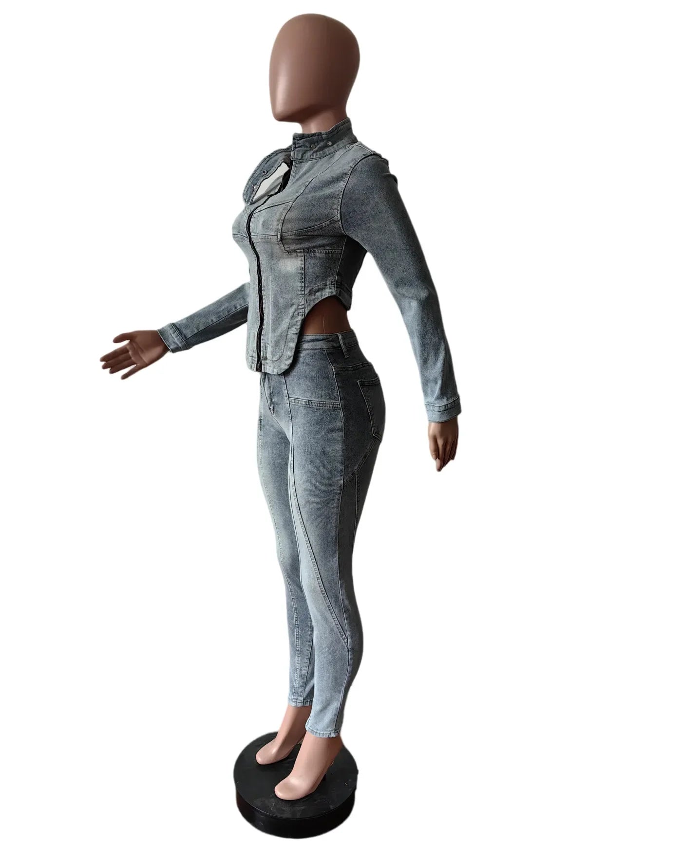 Denim Pant Set Women Two Piece Sets Matching Sets Zipper Short Tops Coats Long Pants High Waist Slim Fit Y2k Streetwear 2025